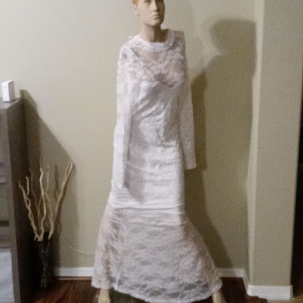 Light pink lace white beaded dress wedding bridal